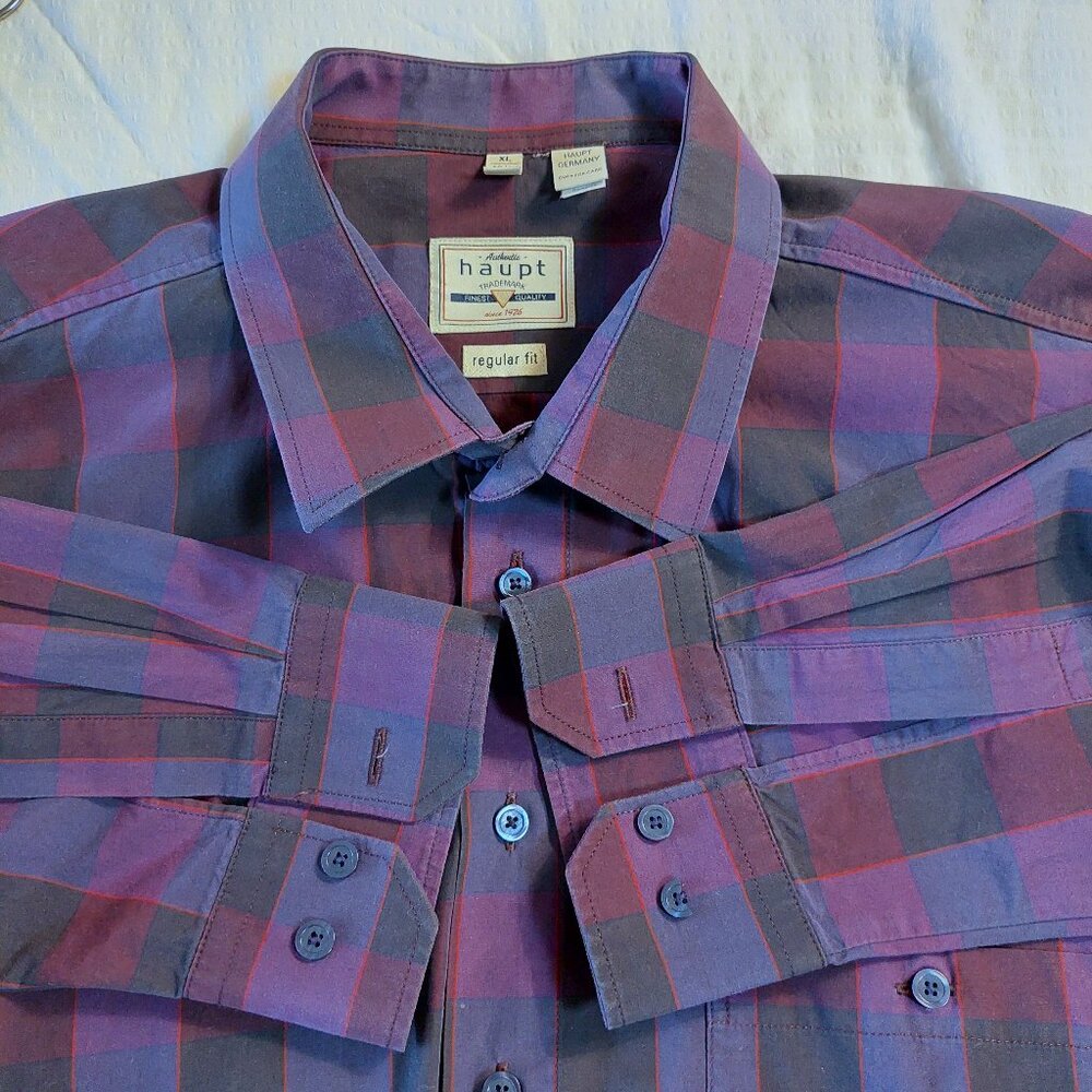 Haupt Men's 17.5 Button-up Shirt regular Fit in a purple and grey plaid pattern